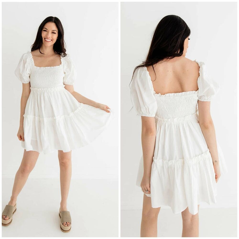 MABLE Blair Cotton Puff Sleeve Smocked Babydoll Dress Size S
